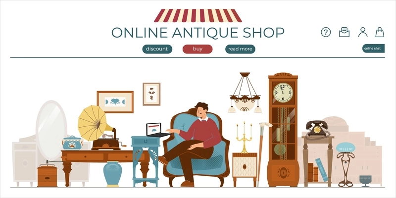 Antique shop flat banner for landing page with clickable buttons and view of vintage furniture store vector illustration