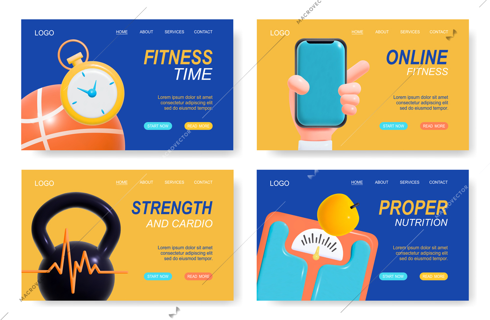 Online fitness proper nutrition weight cardio training horizontal web site banners set in cartoon style isolated vector illustration