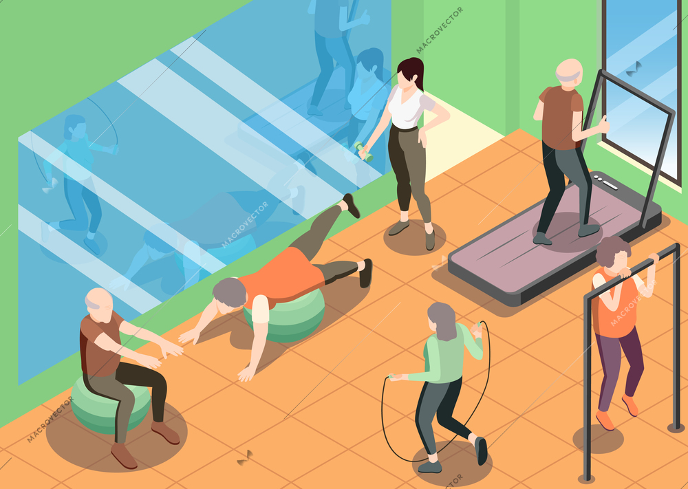 Old people fitness background with sports equipment symbols isometric vector illustration