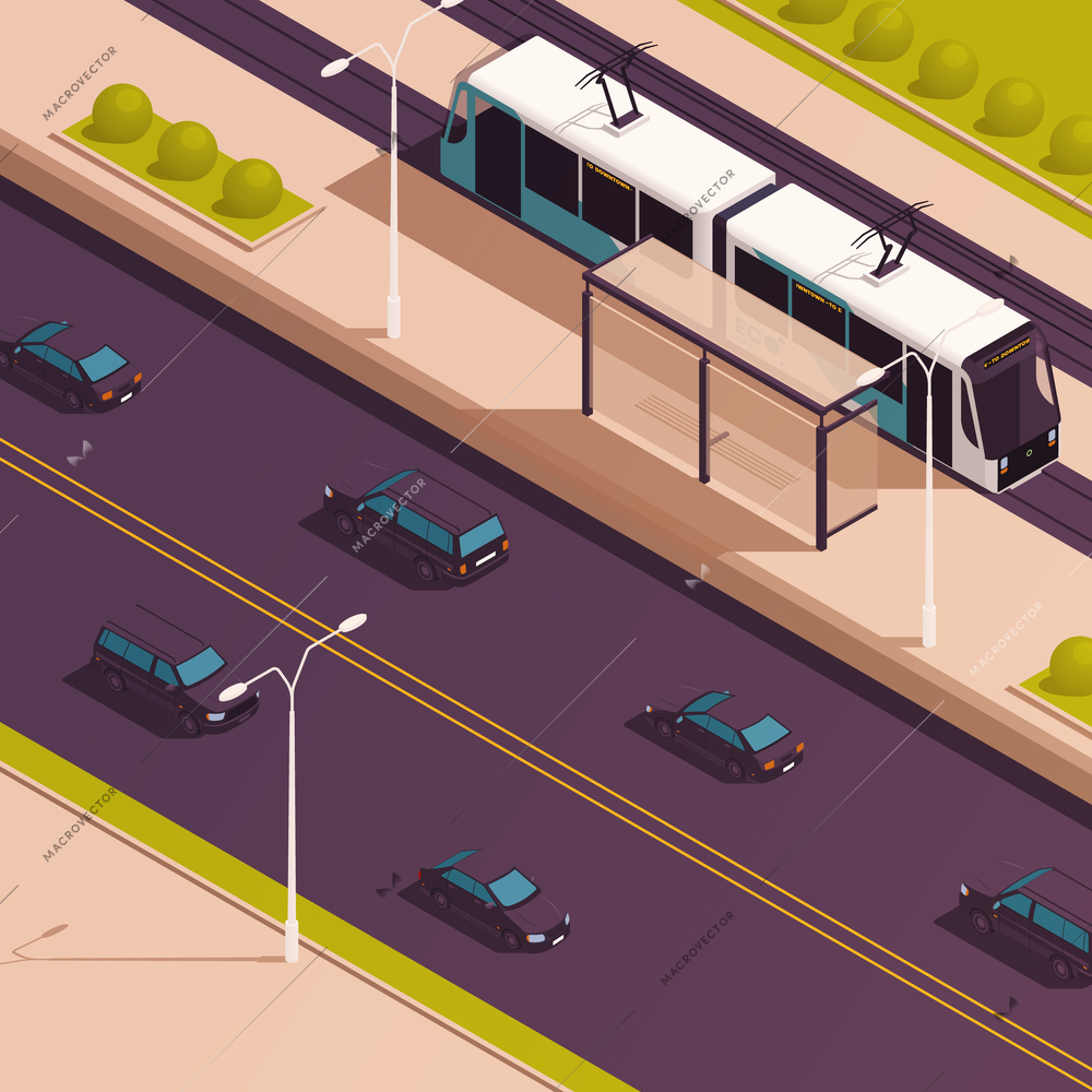 Sustainable public transport isometric concept with eco trolley bus in city landscape vector illustration