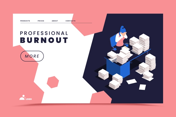 Professional burnout syndrome with tired office worker overload with paperwork isometric vector illustration