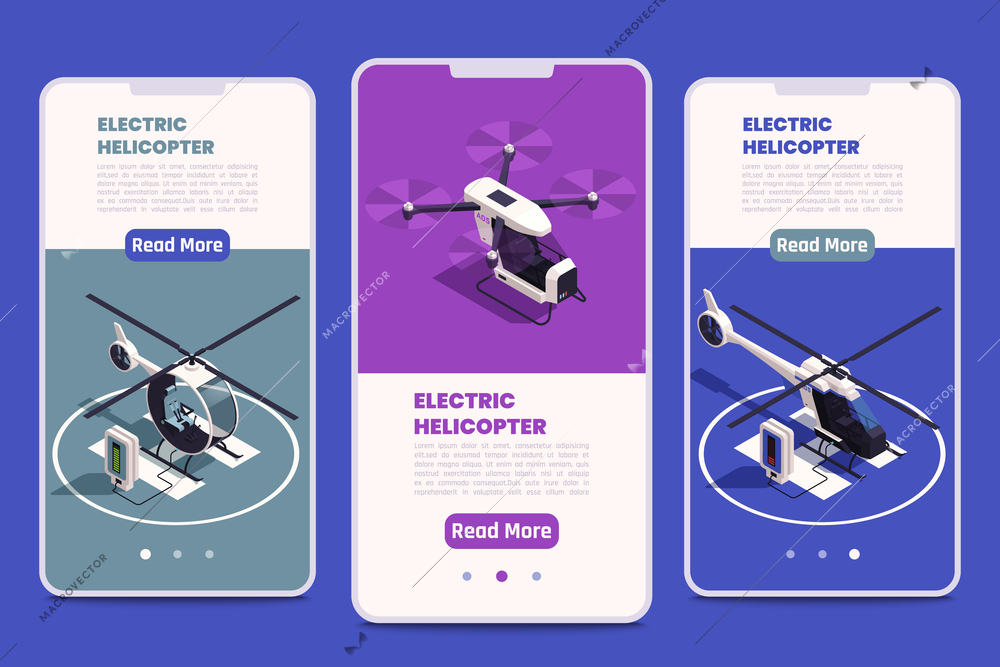 Air transport isometric concept set with electric helicopter banner isolated vector illustration