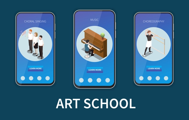 Art school vertical website banners set with teenagers singing playing piano and dancing isolated on dark background 3d isometric vector illustration