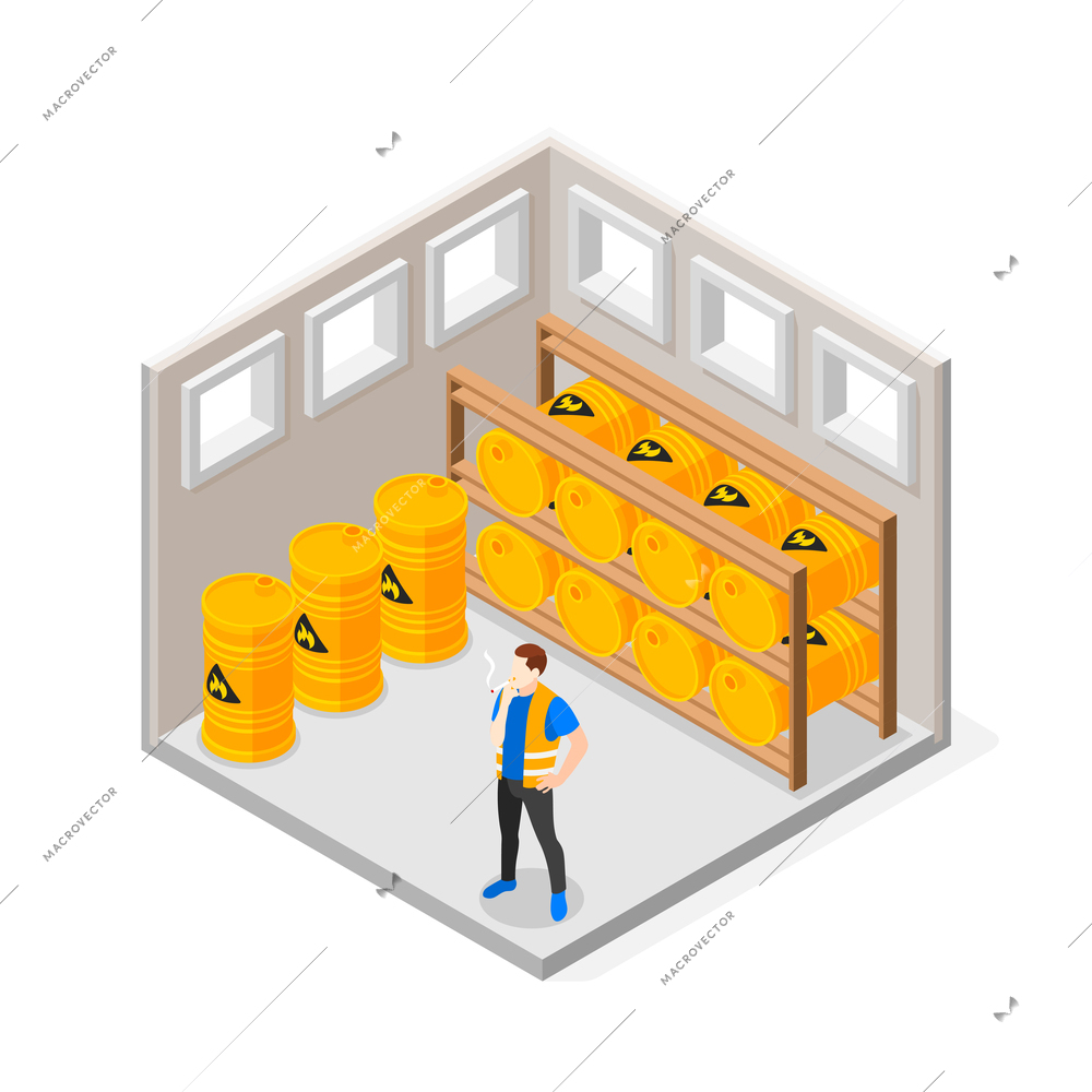 Safety precaution at work place concept with worker smoking near flammable objects isometric vector illustration