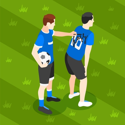 Sports betting isometric background with football player signing t-shirt vector illustration