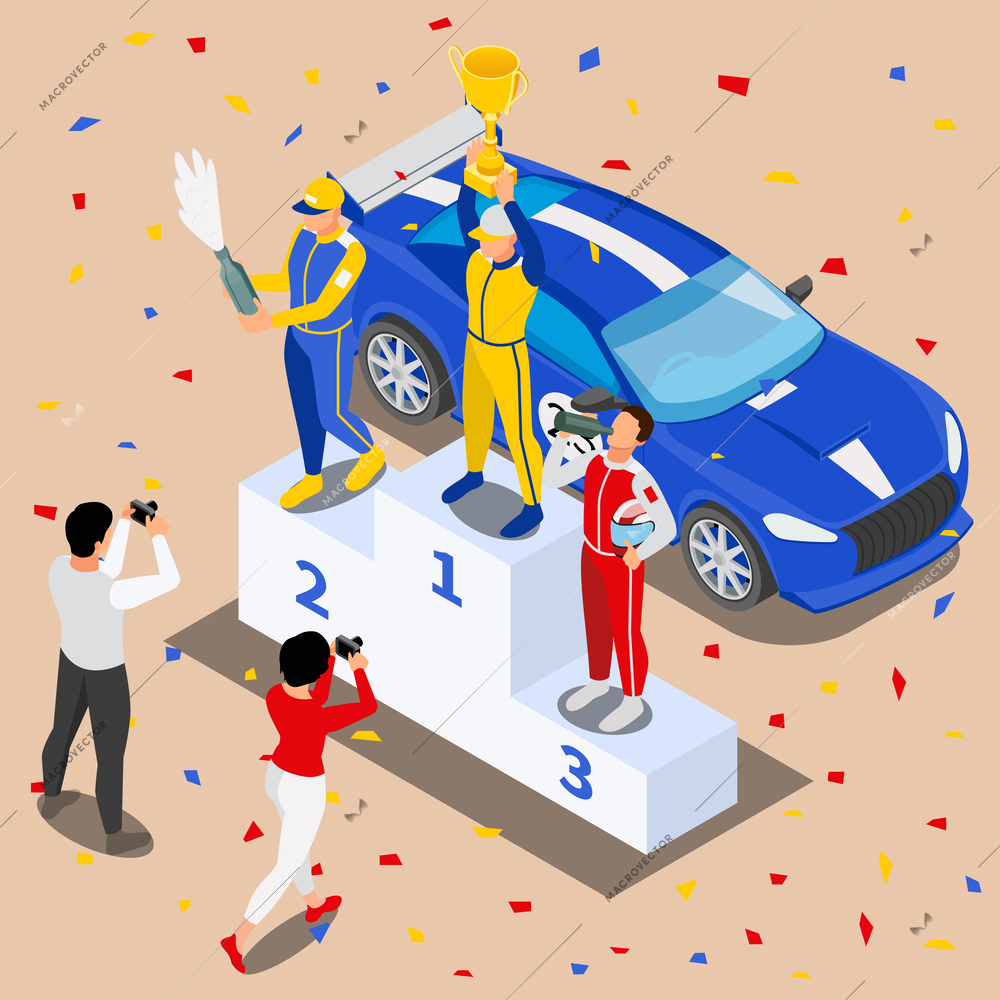 Racing isometric composition with view of winners podium with festive confetti drivers sport car and photographers vector illustration