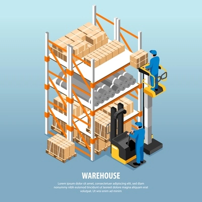 Isometric warehouse interior concept with workers loading cardboard boxes vector illustration