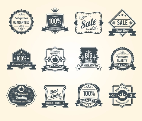 Black retro sales best quality old fashioned antique emblems labels pictograms set abstract graphic vector isolated illustration