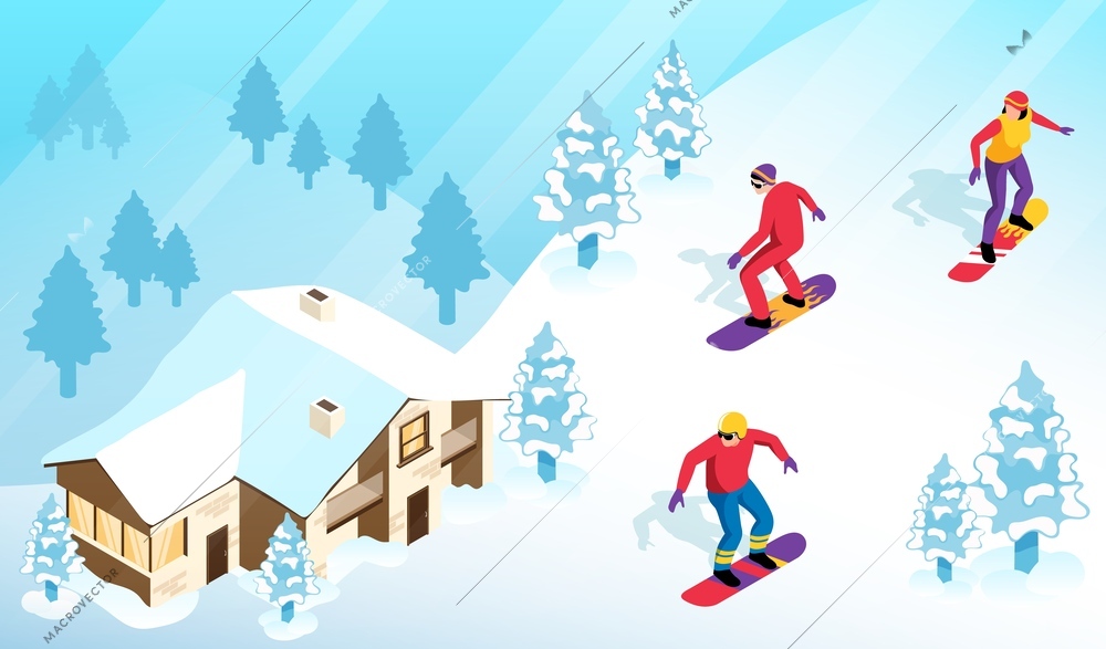 Isometric ski resort concept with snowborders on a snowy hill and alpine house on background vector illustration