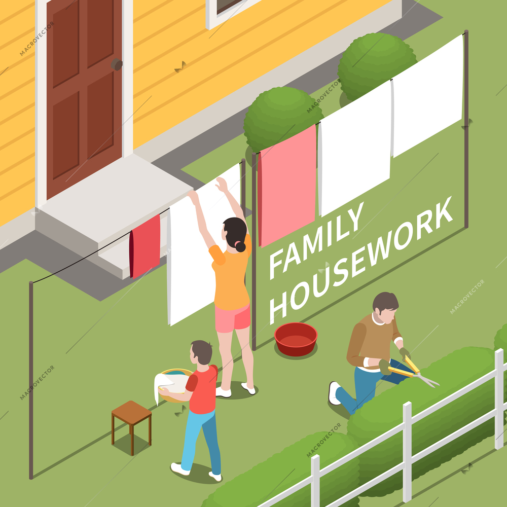 Family housework isometric background with son helping mother hang up laundry and father working in garden vector illustration