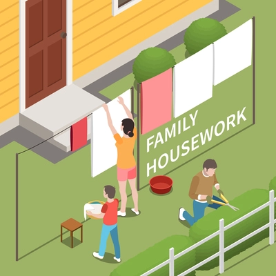 Family housework isometric background with son helping mother hang up laundry and father working in garden vector illustration