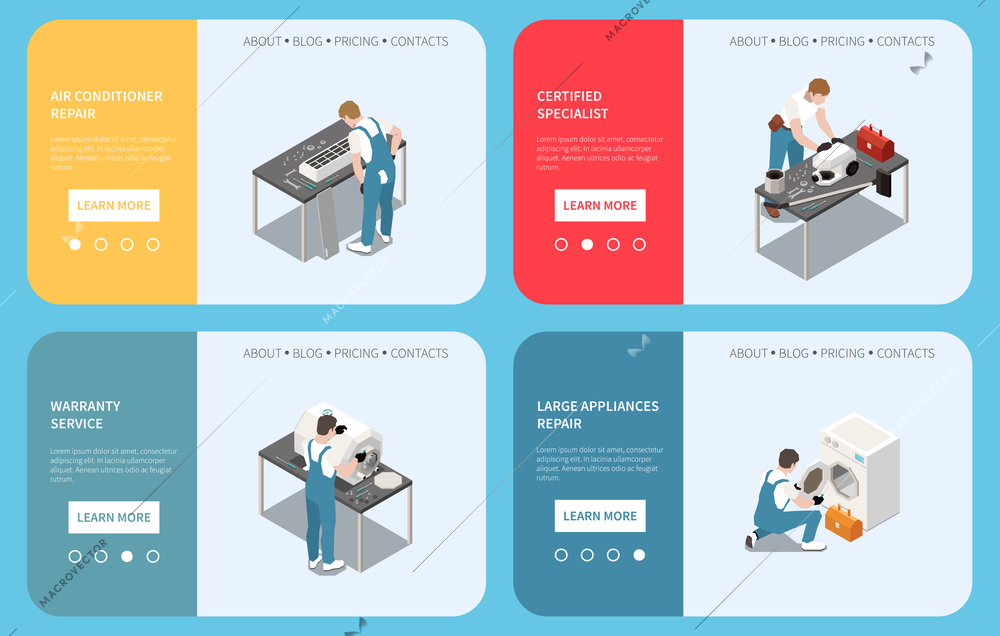 Repair service isometric landing pages offering certified specialists in maintenance of different home appliances vector illustration