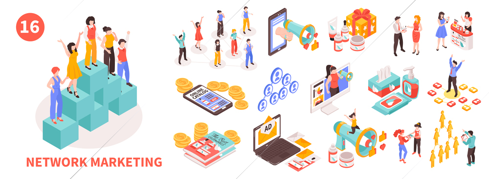 Isometric network marketing icons set with people promoting their products online vector illustration