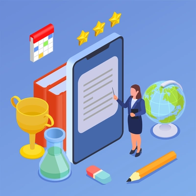 Back to school isometric composition with set of stationery icons smartphone cup award and teacher character vector illustration