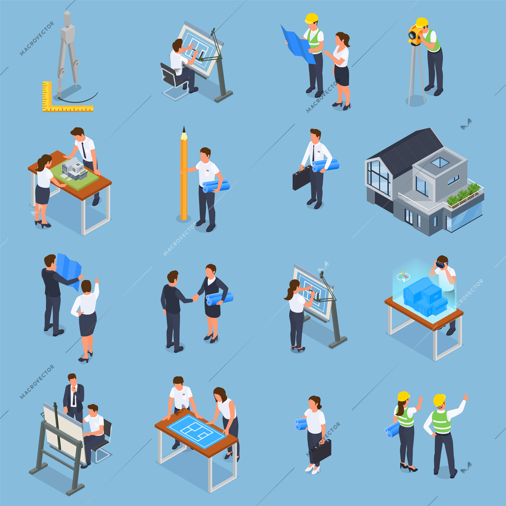 Architect construction engineer isometric set of isolated compositions with human characters of builders collaborating with engineers vector illustration