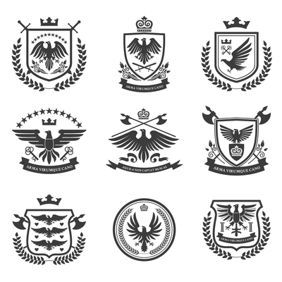 Eagle heraldry coat of arms emblems shield icons set with spread wings black isolated abstract vector illustration