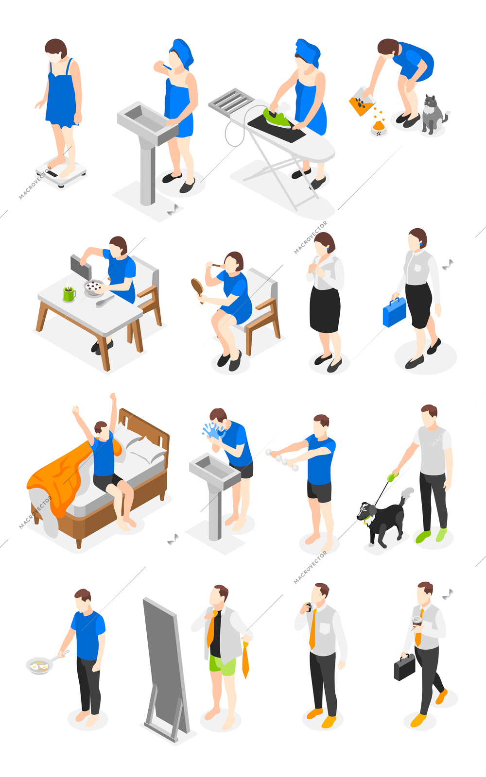 People morning routine isometric icons set with man and woman doing daily rituals isometric vector illustration