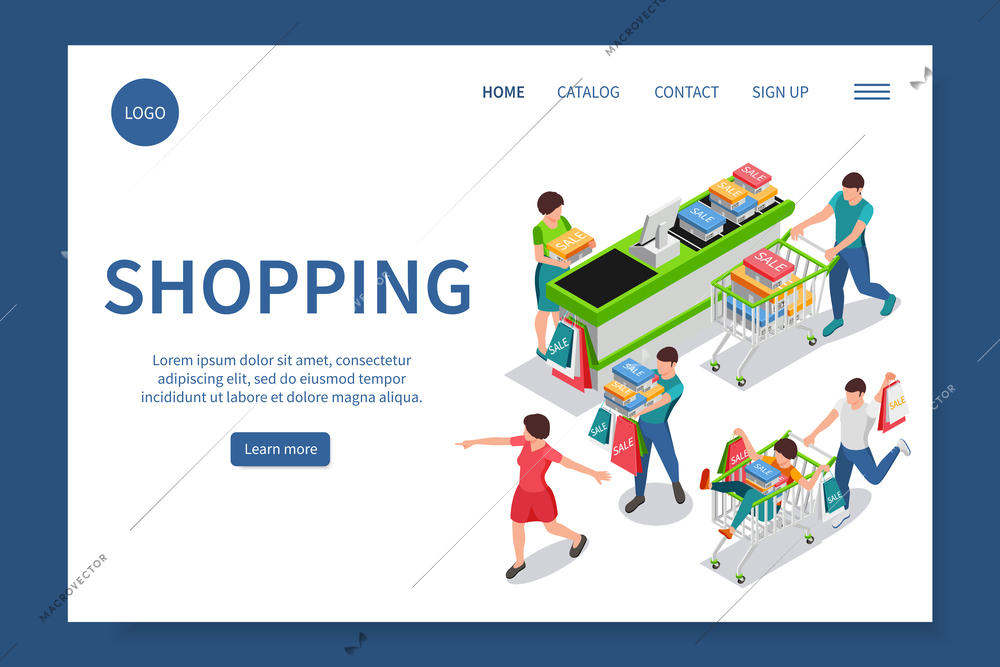 Shopping people isometric web site landing page with view of checkout line clickable links and text vector illustration