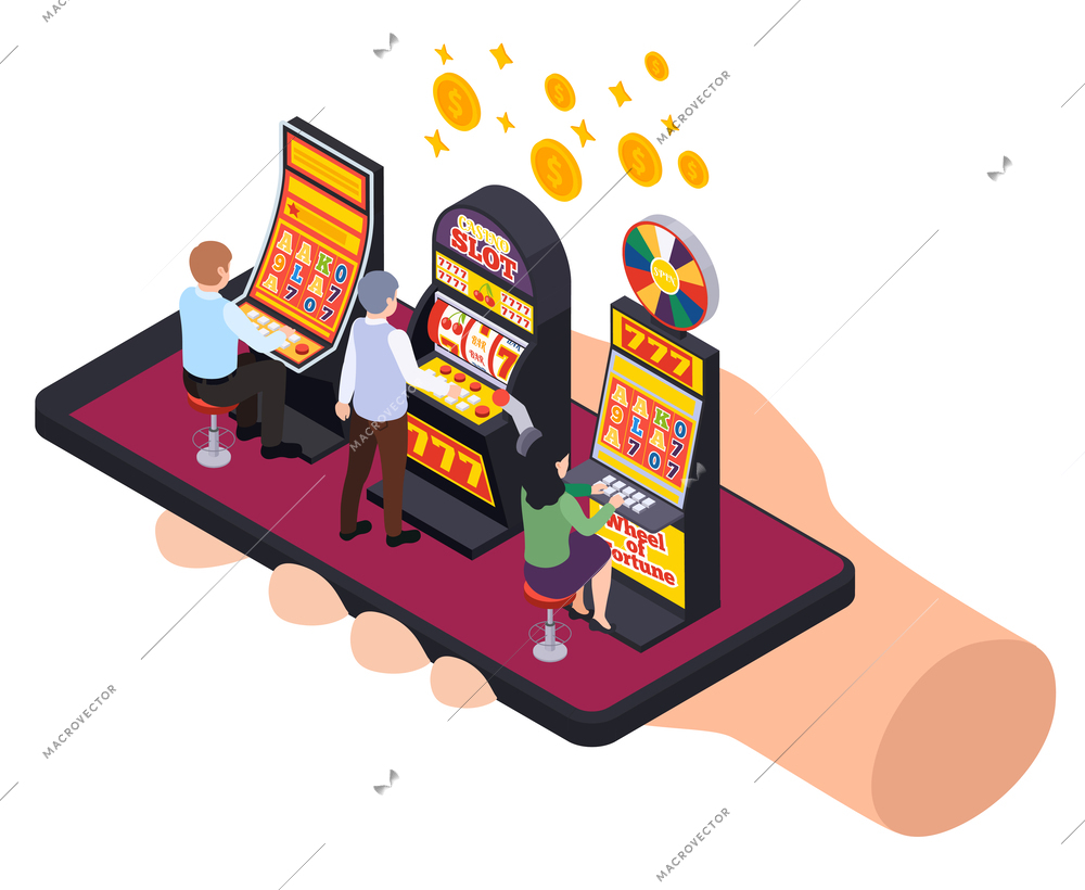 Casino isometric composition with slot machines coins and players on top of smartphone in human hand vector illustration