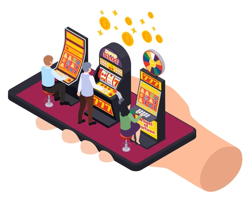 Casino isometric composition with slot machines coins and players on top of smartphone in human hand vector illustration