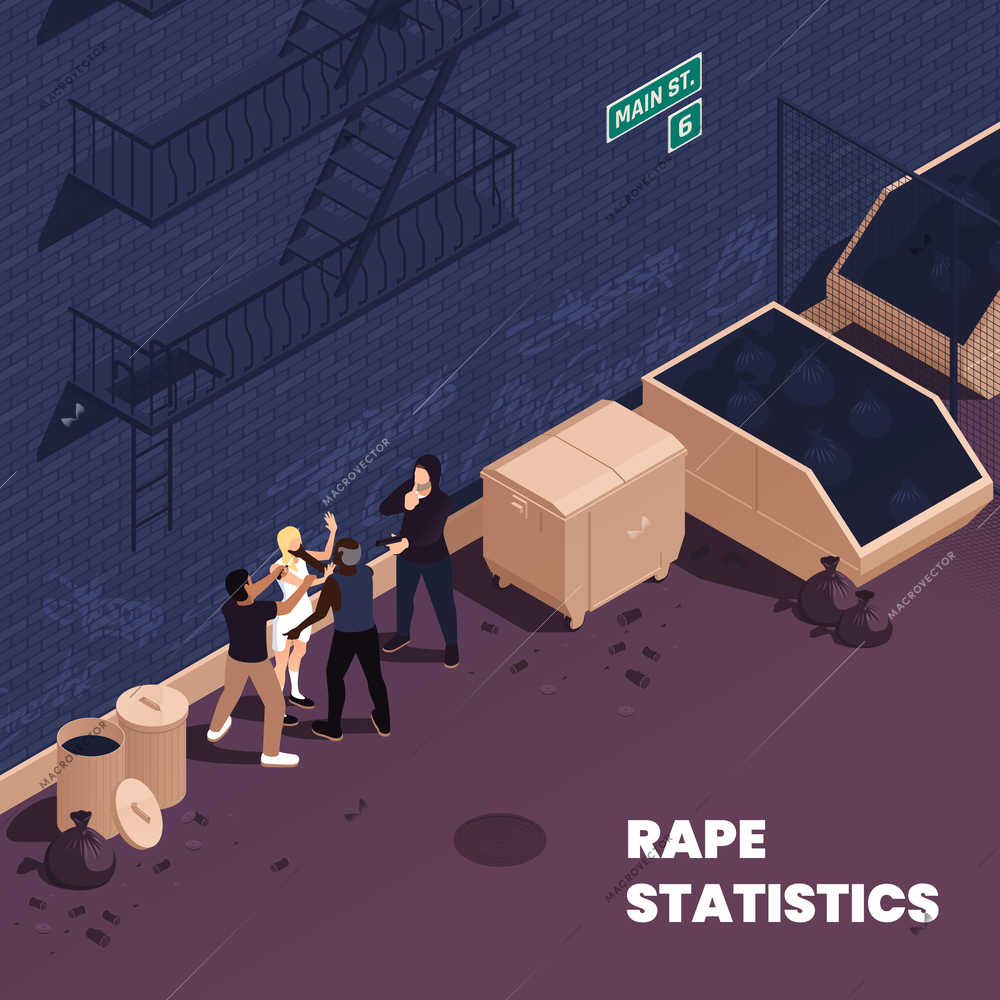 Rape statistics isometric background with group of aggressive guys attacking defenseless woman in deserted place vector illustration