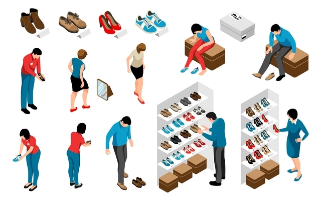 Isometric shoe store icons set with men and women choosing footwear isolated vector illustration