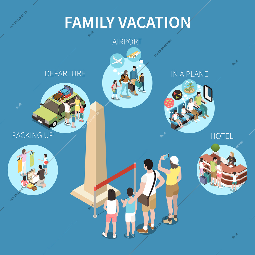 Family vacation isometric design concept with parents and their children going on long journey in airplane vector illustration
