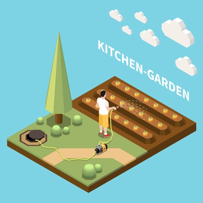 Kitchen garden isometric background with male character watering beds using for irrigation modern garden pump vector illustration