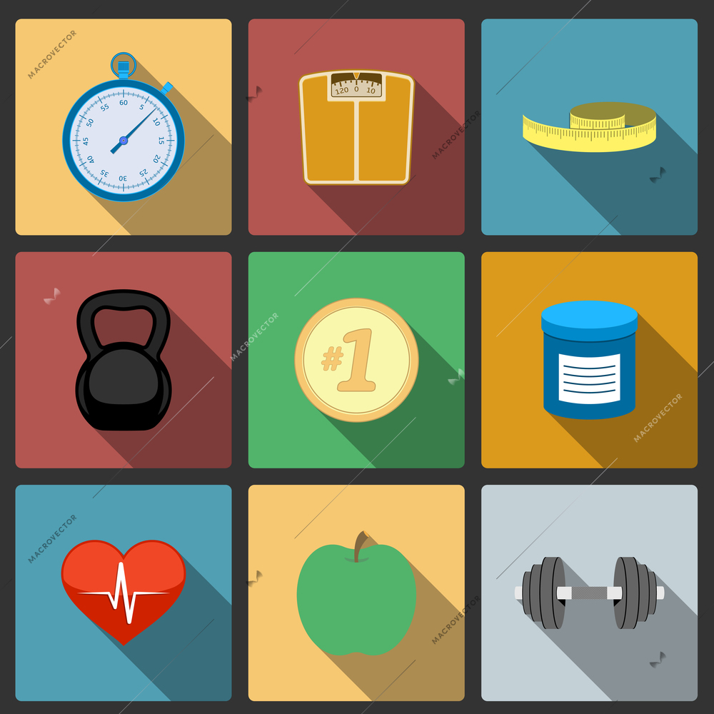 Fitness healthy lifestyle icons set of scales apple and heart rate vector illustration