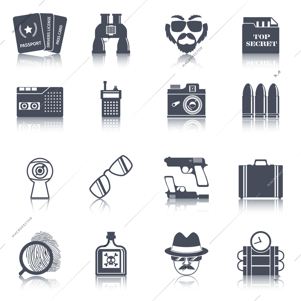 Spy agent gear gadgets and accessories black icons set with false identity documents abstract isolated vector illustration