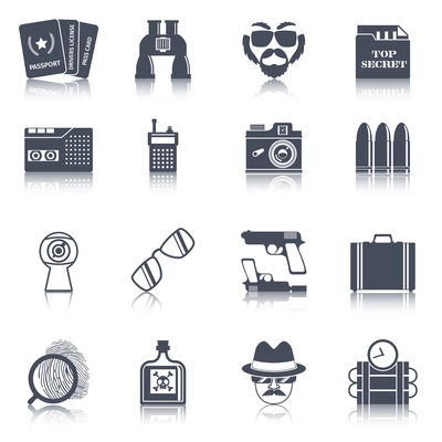 Spy agent gear gadgets and accessories black icons set with false identity documents abstract isolated vector illustration