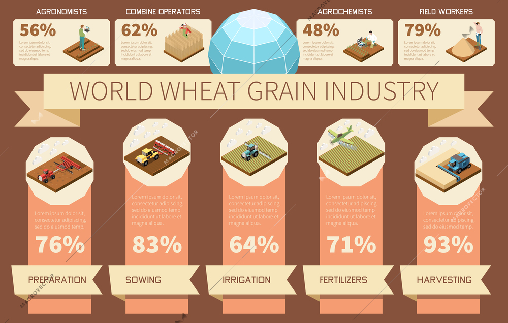 World wheat grain industry    infographics with preparation sowing irrigation fertilizers harvesting sector workers statistic elements isometric vector illustration