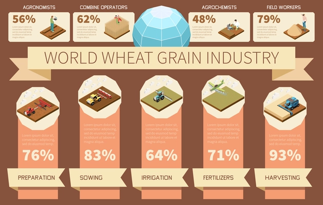 World wheat grain industry    infographics with preparation sowing irrigation fertilizers harvesting sector workers statistic elements isometric vector illustration