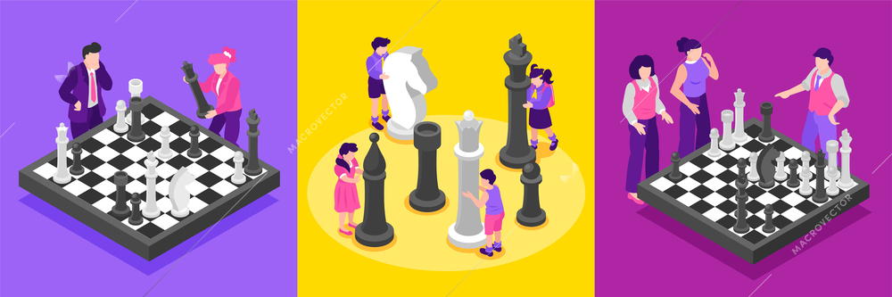 Set of three isometric compositions with chess players on bright color backgrounds isolated vector illustration