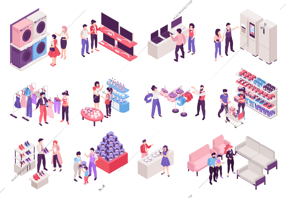 Isometric shop assistant set with sellers helping customers in various stores isolated 3d vector illustration
