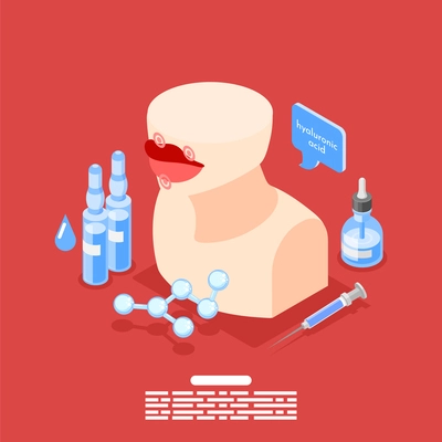 Hyaluronic acid isometric background with composition of text placeholder mannequin and molecule with vials and syringe vector illustration