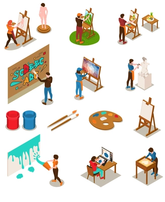 Artists isometric set with drawing and sculpture symbols  isolated vector illustration