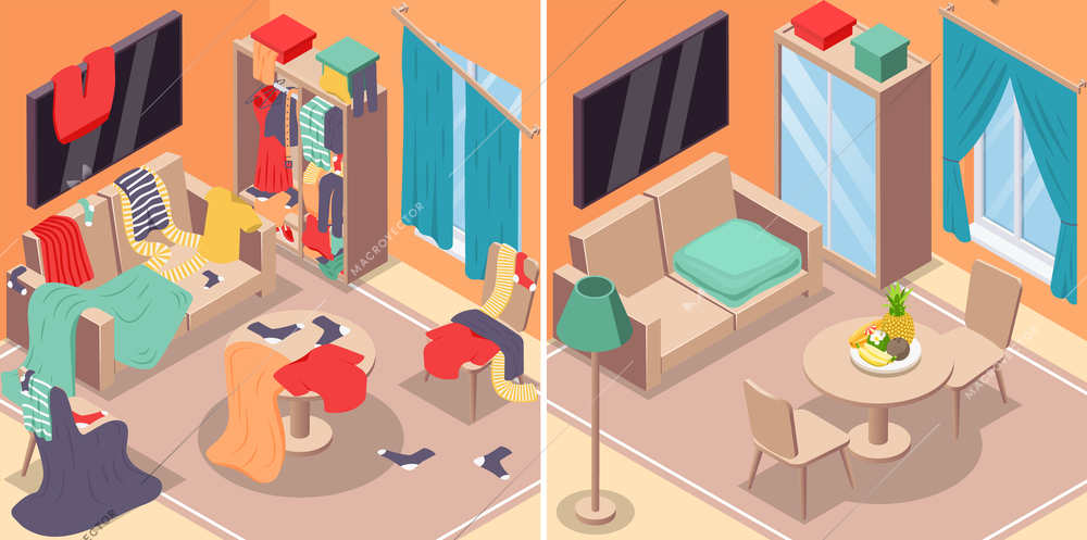 Messy room isometric set with before and after symbols isolated vector illustration