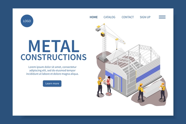 Metal constructions website with industrial buildings symbols isometric vector illustration