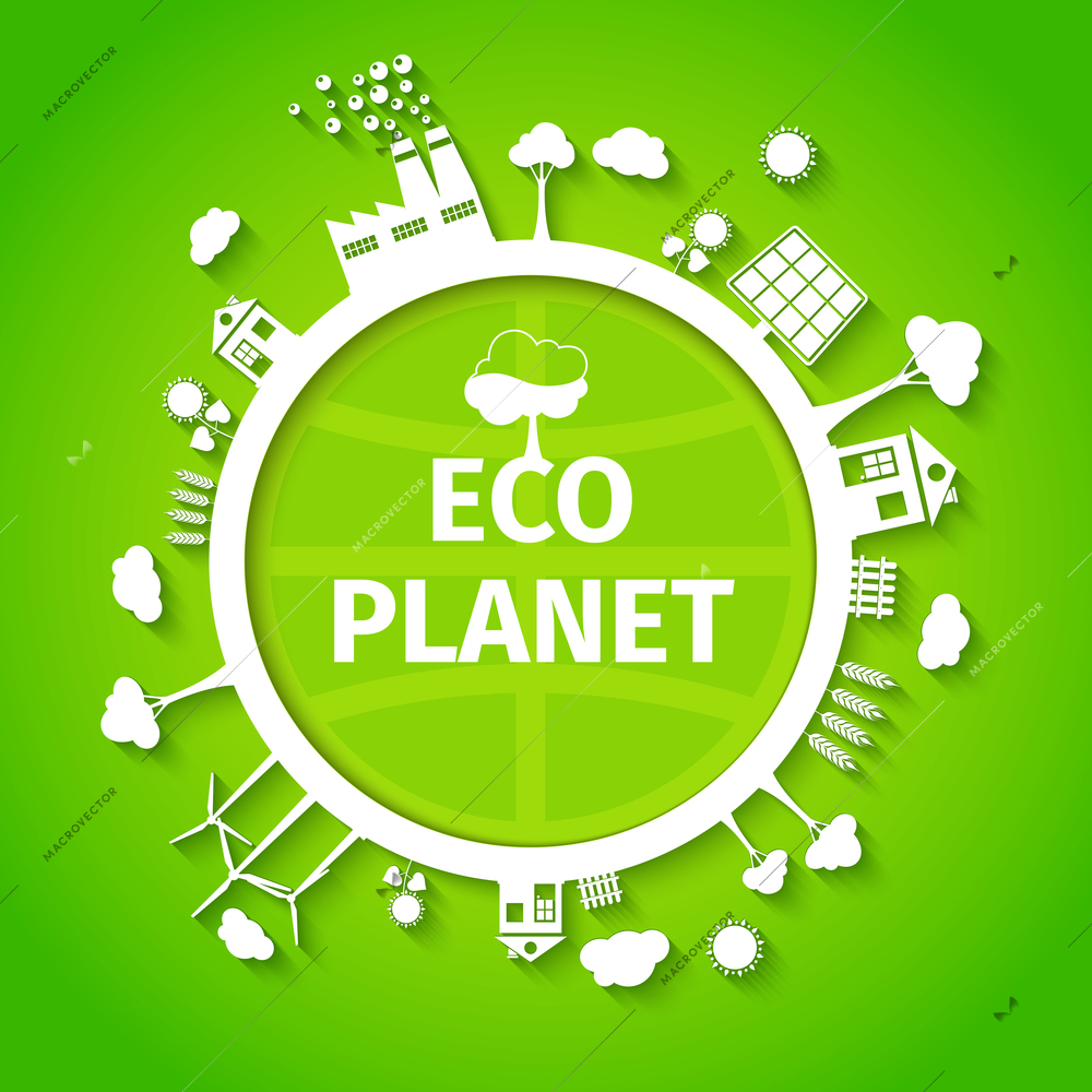 Save nature decorative eco planet clean energy sources solution symbols green background poster print abstract vector illustration