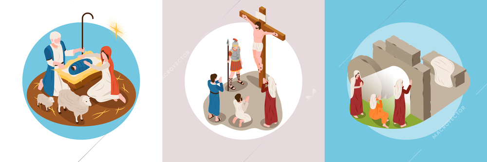 Jesus life square set with birth and resurrection symbols isometric isolated vector illustration