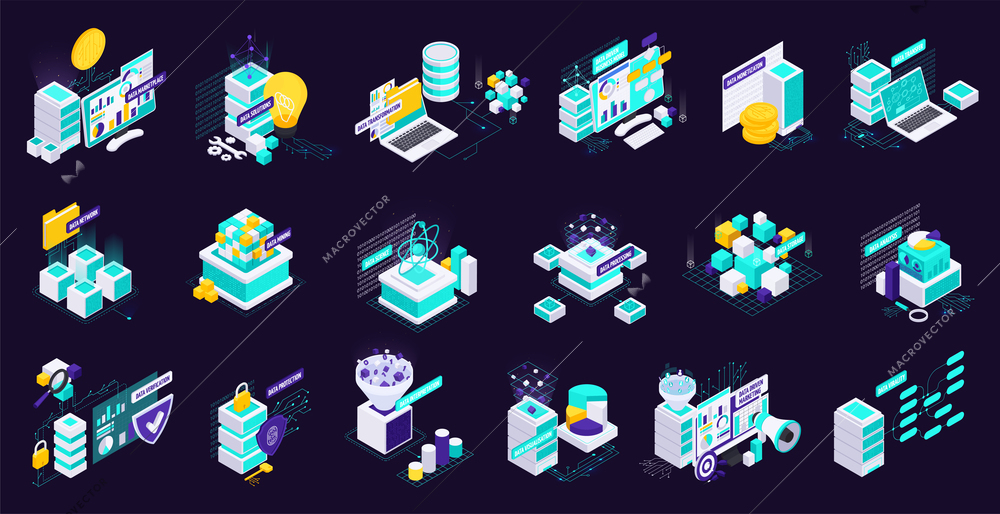 Data economy isometric set of isolated compositions with icons of folders computer storage servers and code vector illustration