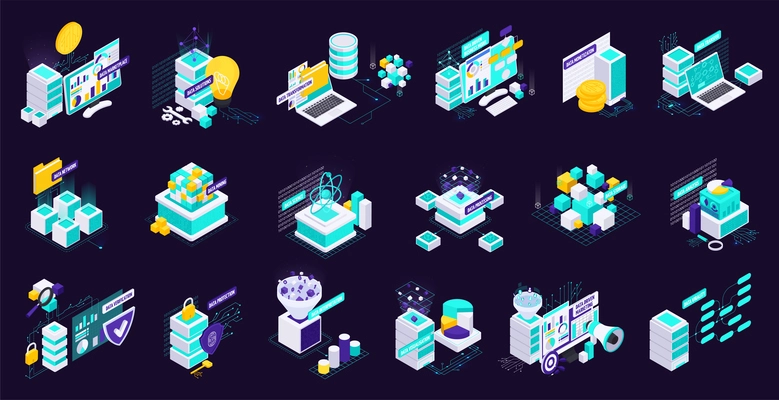 Data economy isometric set of isolated compositions with icons of folders computer storage servers and code vector illustration