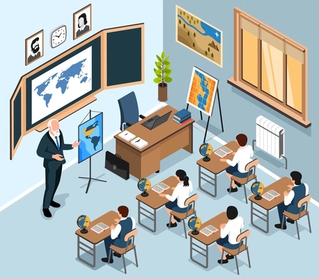 Isometric class interior composition with inside view of classroom in school with maps pupils and teacher vector illustration