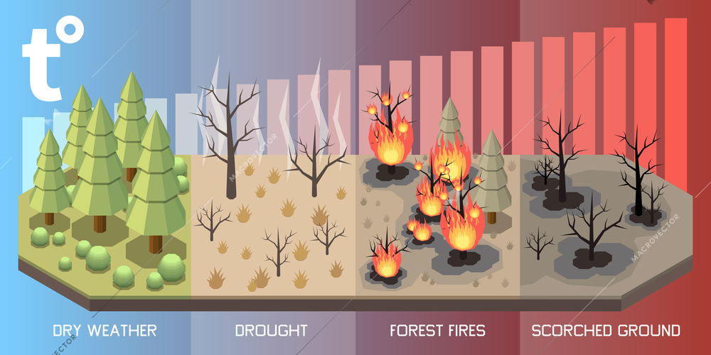 Natural disaster isometric concept with drought and forest fires vector illustration