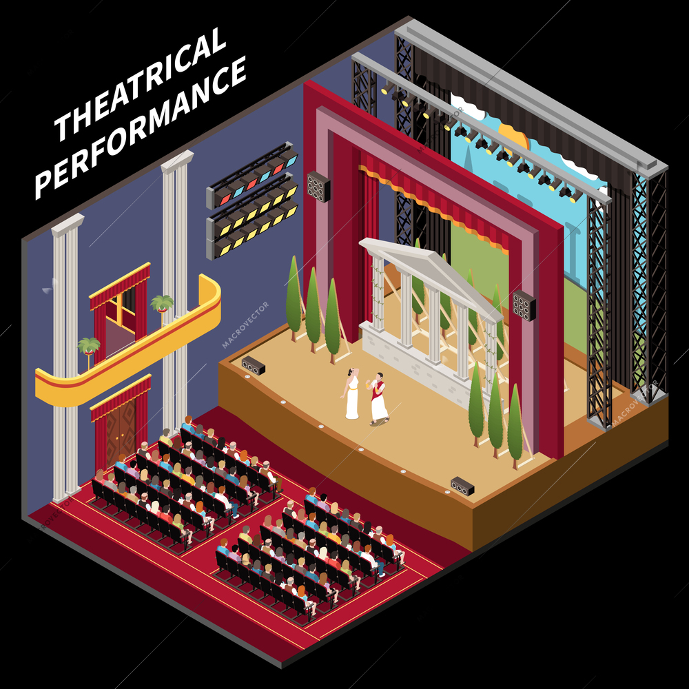 Theatre interior stage isometric concept with antique drama performance vector illustration