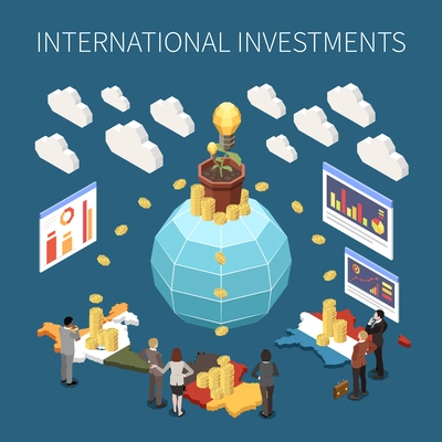 Crowdfunding and fundraising isometric concept with international investment symbols vector illustration