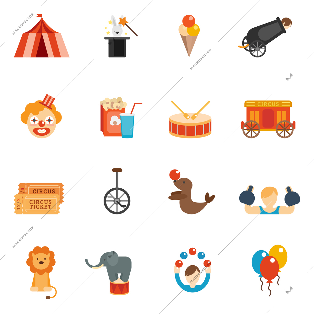 Circus performance icon flat set with tent clown rabbit in hat isolated vector illustration