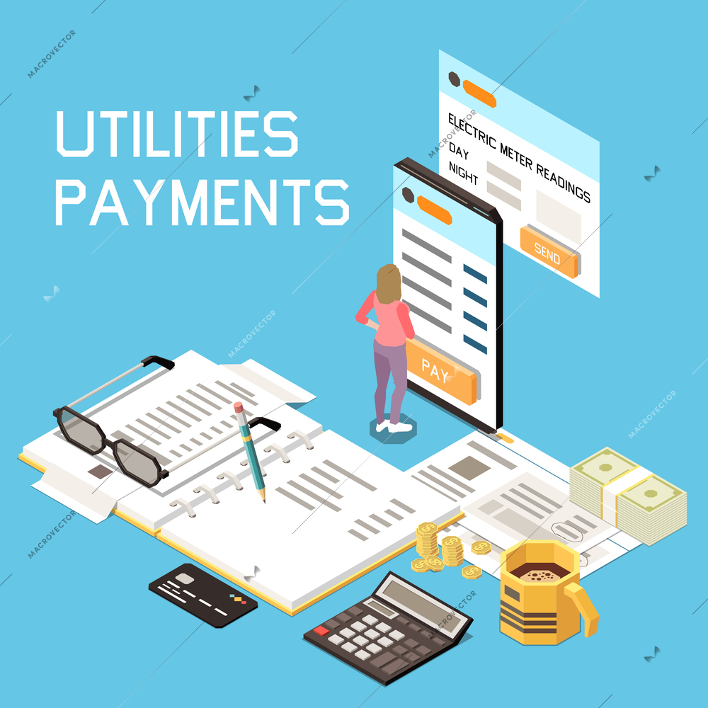 Utility expences isometric infographics with service bills and payment symbols vector illustration