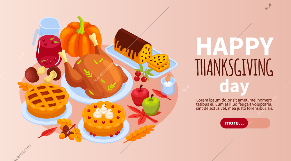 Happy thanksgiving day horizontal banner decorated with pumpkin turkey pie and fruits isometric vector illustration